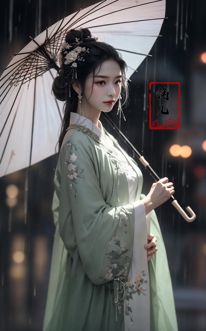 606247209521968567-917869526-A woman holds a oil-paper umbrella on her shoulder to shelter from the rain as part of a fashion event in the style of Yue Xiaof.jpg